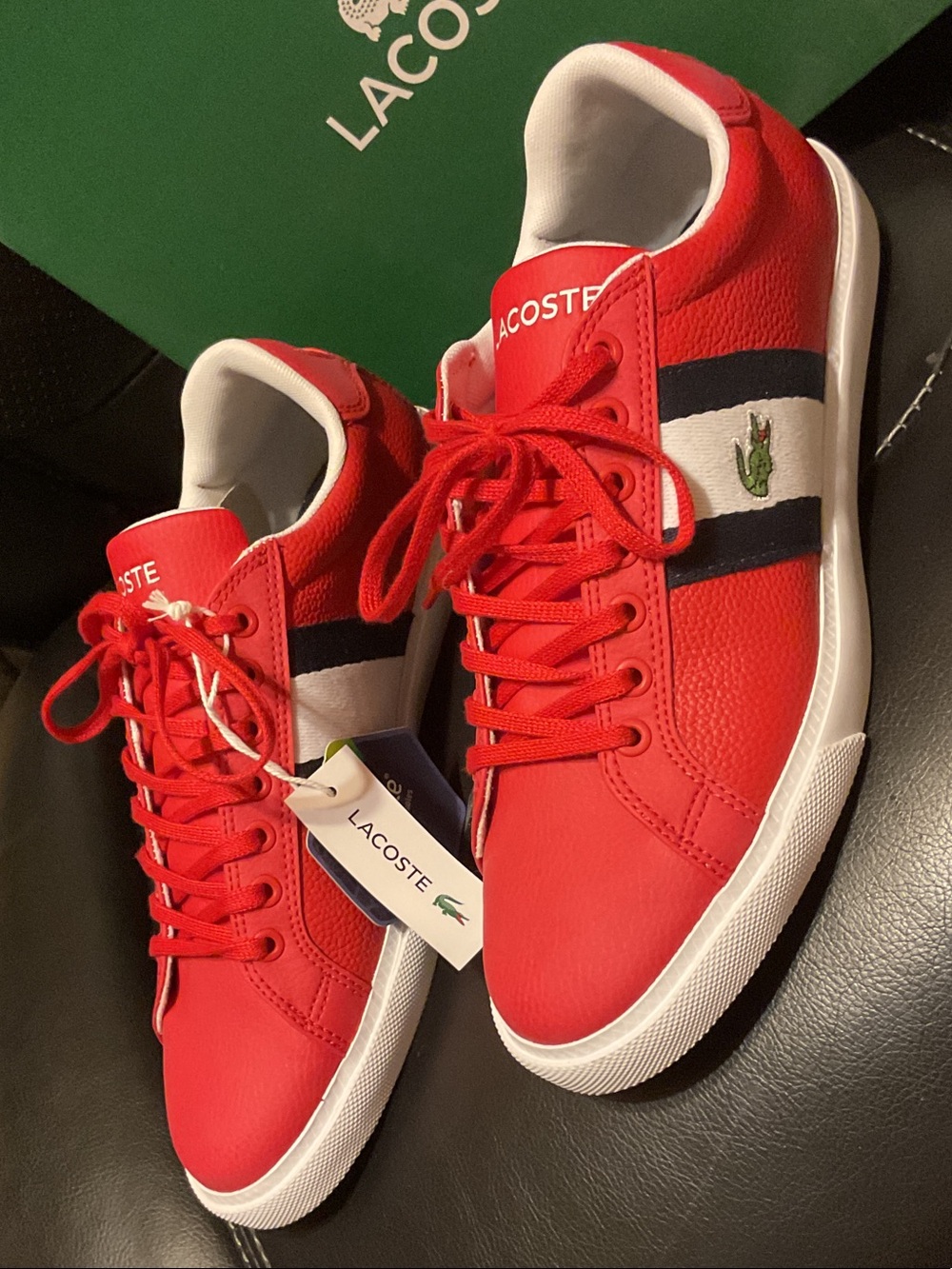 Lacoste Men’s Red and White Low-Top Sneakers with Navy Stripe